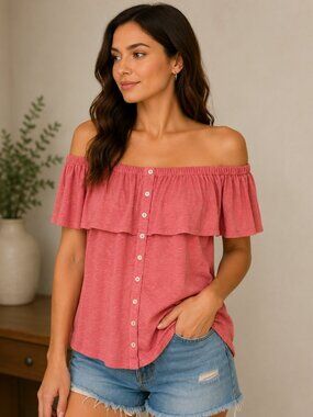 American Eagle Soft & Sexy Slub Coral Off Shoulder Ruffle Top Small